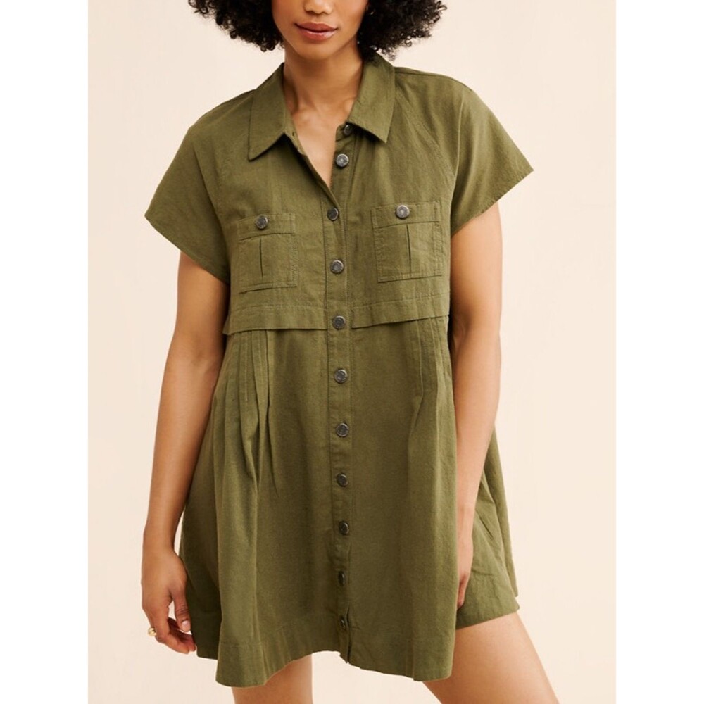 Free People Olive Green Ronnie Poplin Lagenlook Mini Dress Size Medium